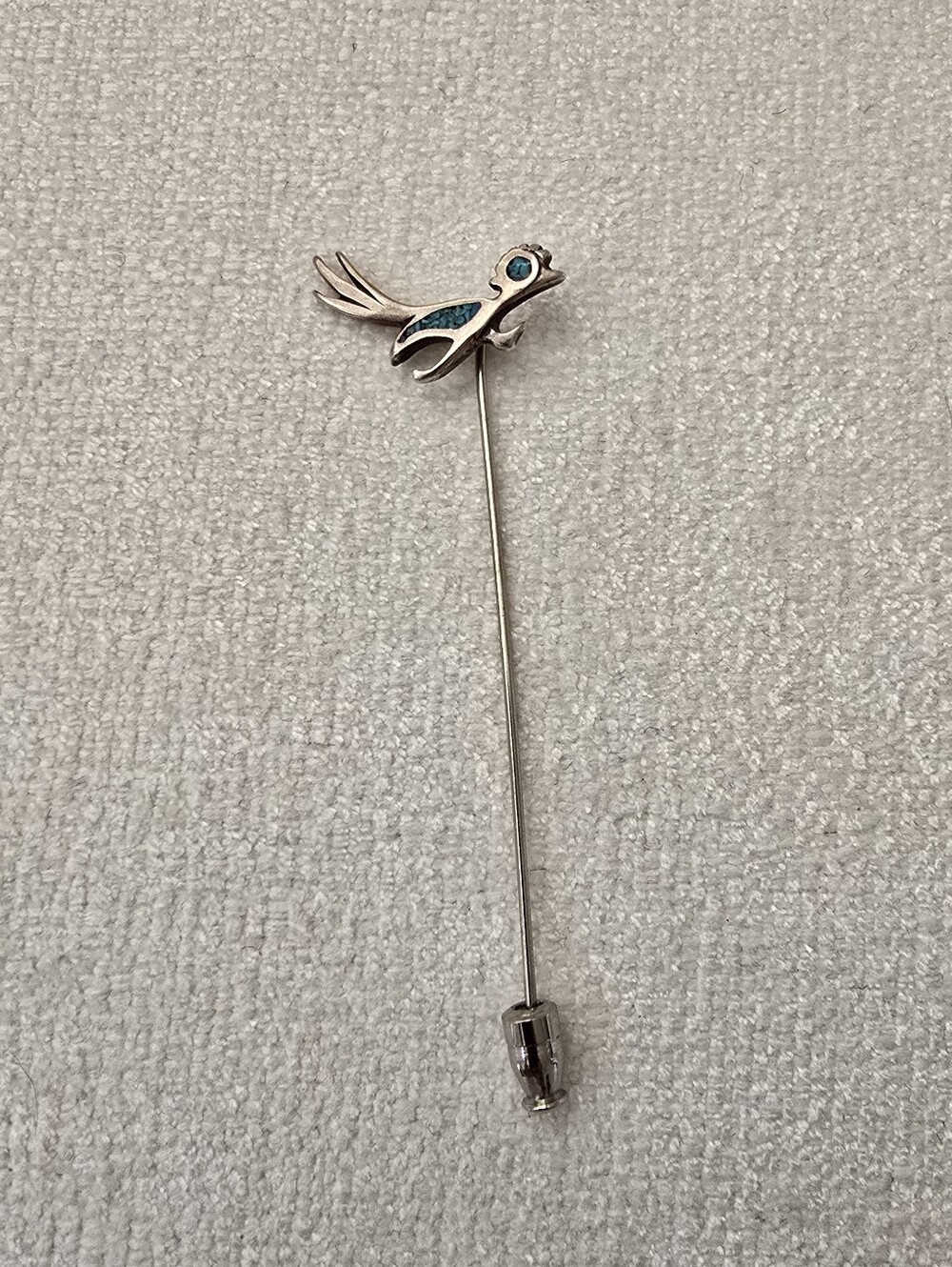 Vintage Sterling Silver & Crush Turquoise Roadrunner Stick Pin